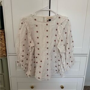 Universal Thread White Blouse with Red Floral Embroidery